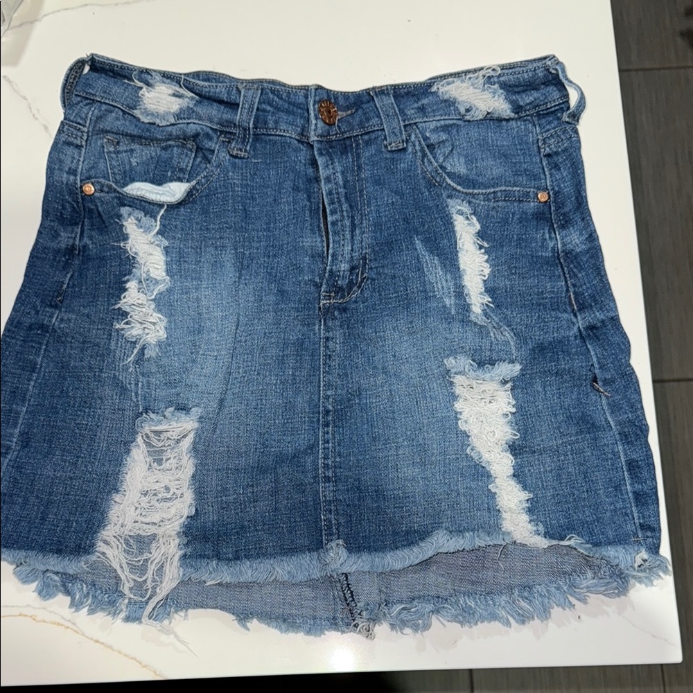 Elan Blue Distressed Mini Skirt